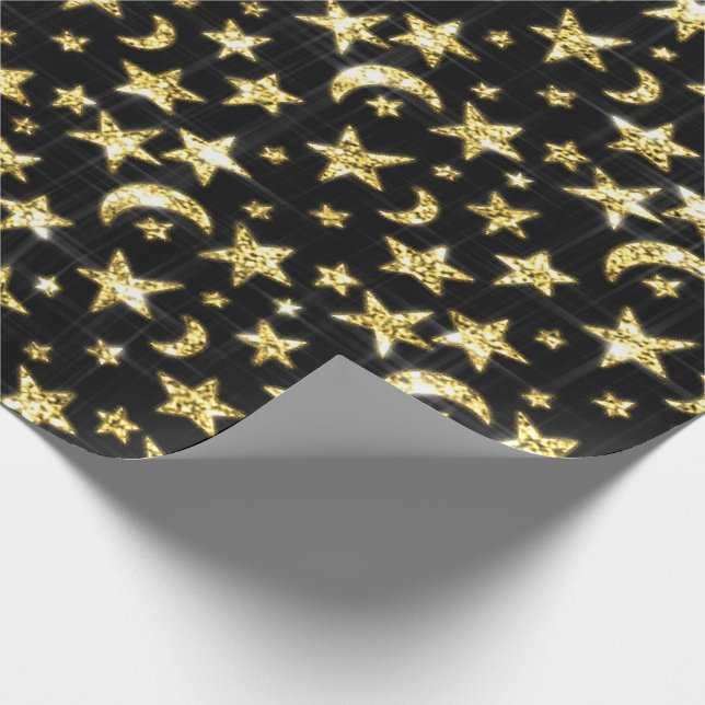 Papier Cadeau Étoiles d'or brillant Lune Ciel noir Ciel noir (Coin)