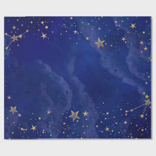 Papier Cadeau Etoiles d'or, Ciel, Bleu marine, Vacances