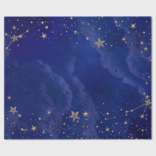 Papier Cadeau Etoiles d'or, Ciel, Bleu marine, Vacances (Plat)