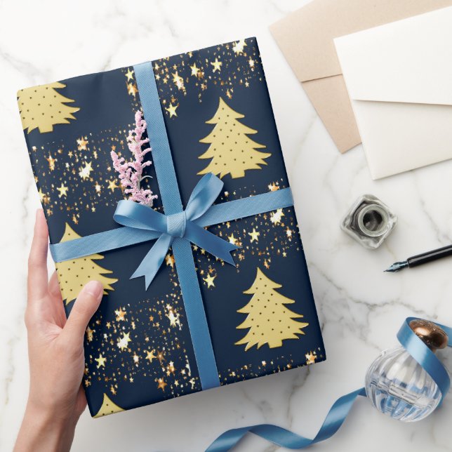 Papier Cadeau Etoiles d'or de Noël et arbre avec billes, ZSSG (Cadeaux)