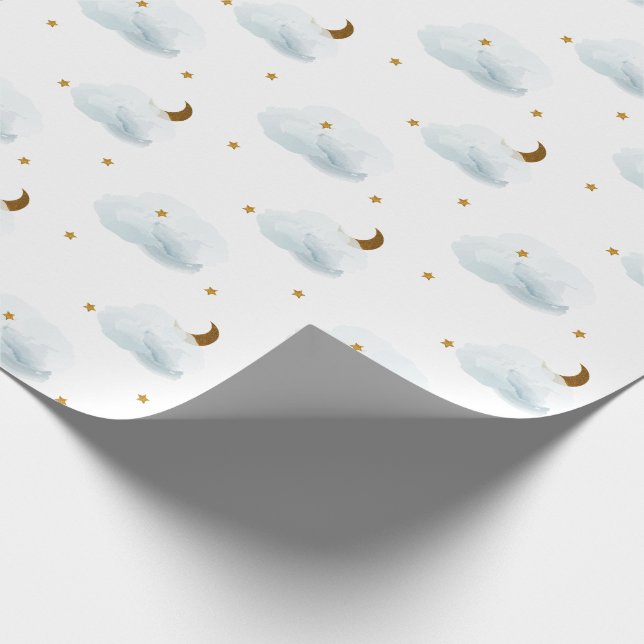Papier Cadeau Étoiles d'or, Lune, et nuages fluides Envelopper l (Coin)