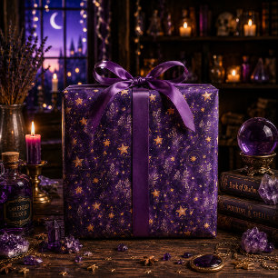 Papier Cadeau Étoiles dorées célestes magiques sur fond aquarell