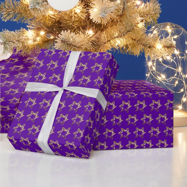 Papier Cadeau Étoiles dorées fausses élégantes motif Noël violet (Vacances)