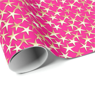 Papier Cadeau Étoiles dorées sur fond rose fuchsia