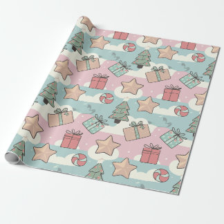 Papier Cadeau Étoiles et friandises de Noël en pastels