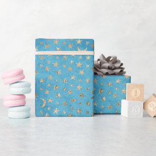 Papier Cadeau Etoiles et lunes d'or bleu turquoise