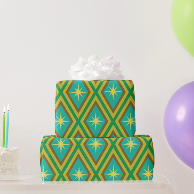 Papier Cadeau Etoiles jaunes du milieu du siècle sur Motif de di (Cadeaux de fête)