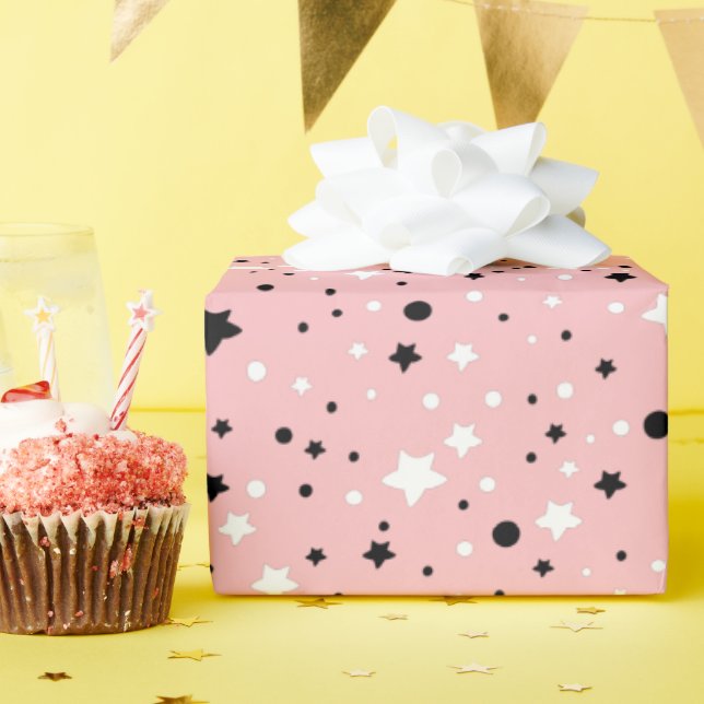 Papier Cadeau Étoiles noires et blanches en rose (Fête d'anniversaire)