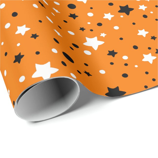 Papier Cadeau étoiles noires et blanches sur orange (Coin rond)