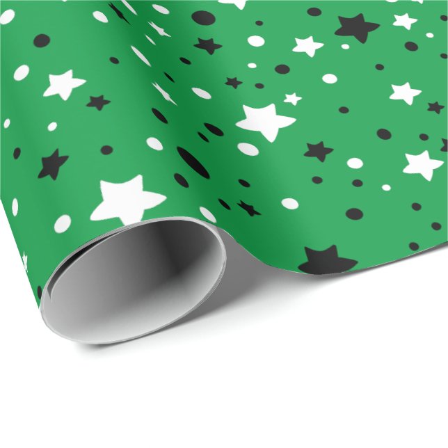 Papier Cadeau étoiles noires et blanches sur vert (Coin rond)