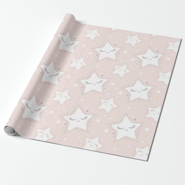 Papier Cadeau Etoiles Roses Et Blanches Baby showers Motifs (Déroulé)