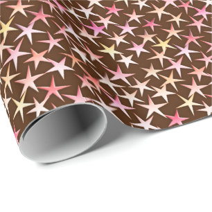 Papier Cadeau Étoiles satinées, rose sur chocolat