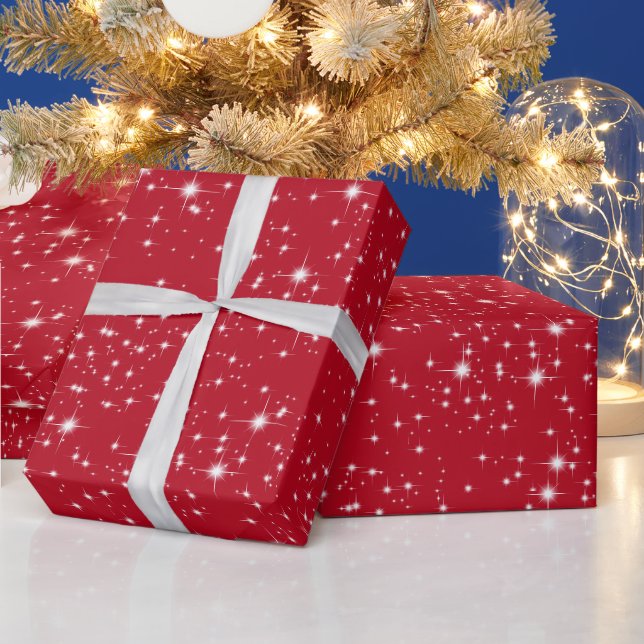 Papier Cadeau Étoiles scintillantes de Noël en rouge (Vacances)