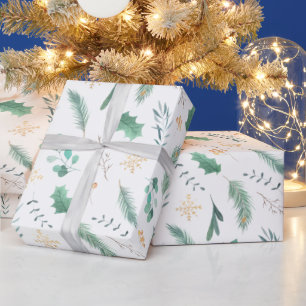 Papier Cadeau Eucalyptus de pin blanc de Noël vert et or