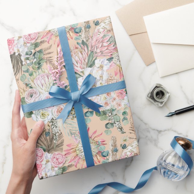 Papier Cadeau Eucalyptus Rose Blanc Floral Boho Mariage Annivers (Cadeaux)