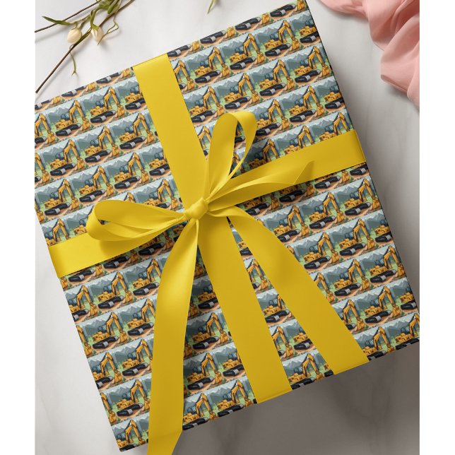 Papier Cadeau Excavateur Construction Équipement Digger Annivers (Excavator Pattern Construction Wrapping Paper)