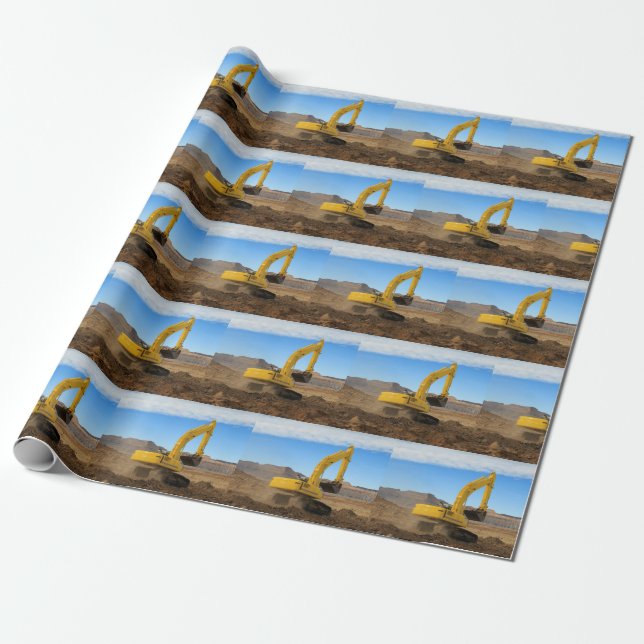 Papier Cadeau Excavateur de construction jaune (Déroulé)