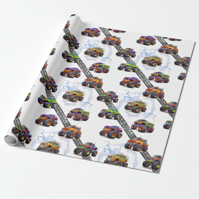 Papier Cadeau Excitant Motif de camion Monster pour enfants (Déroulé)