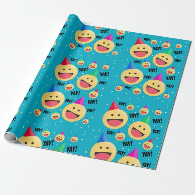 Papier Cadeau Excité Happy YAY Emojis dans les fêtes Casquettes (Déroulé)