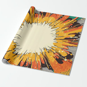 Papier Cadeau Explosion orange vif d'art pop avec lignes noires