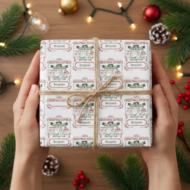 Papier Cadeau Express de Noël personnalisé au pôle Nord (Custom North Pole Christmas Express Wrapping Paper)