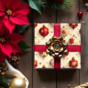 Papier Cadeau Exquise Vintage Rouge & Or Ornements de Noël