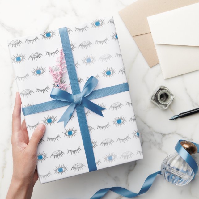 Papier Cadeau Eyelashes oculaires bleus argenté Nazar Mati Motif (Cadeaux)