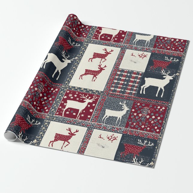 Papier Cadeau Fair Isle Patchwork | Renne rustique (2) (Déroulé)