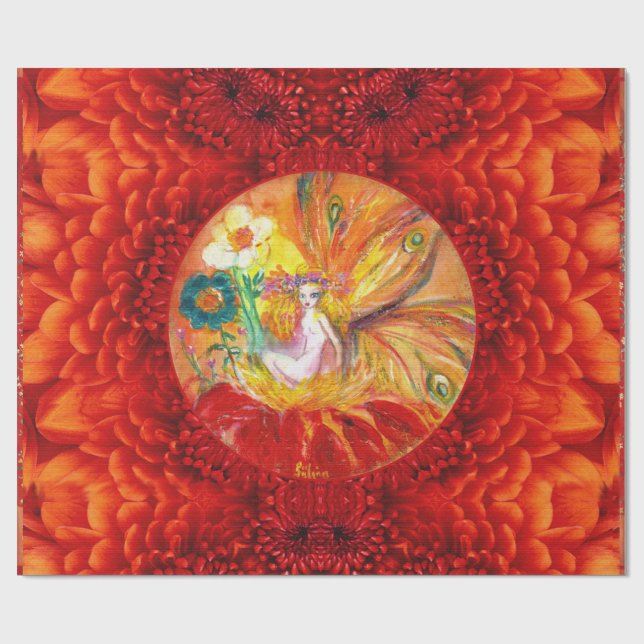 Papier Cadeau FAIRY OF THE FLOWERS Red Yellow Imaginaire (Plat)