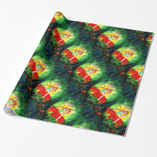Papier Cadeau FAIRY RÊVER SUR FLEURS ROUGES Vert Imaginaire Jaun