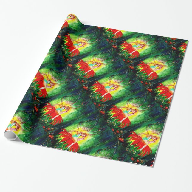 Papier Cadeau FAIRY RÊVER SUR FLEURS ROUGES Vert Imaginaire Jaun (Déroulé)
