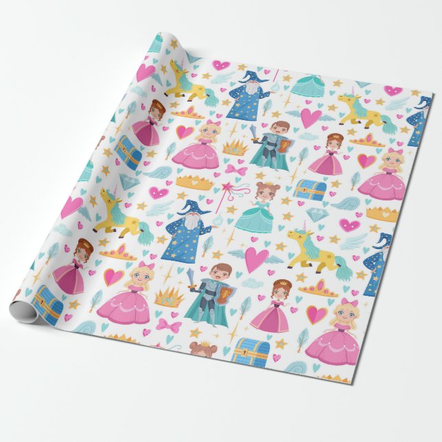 Papier Cadeau Fairy Tale Princess Knight Unicorn Wizard Motif (Déroulé)