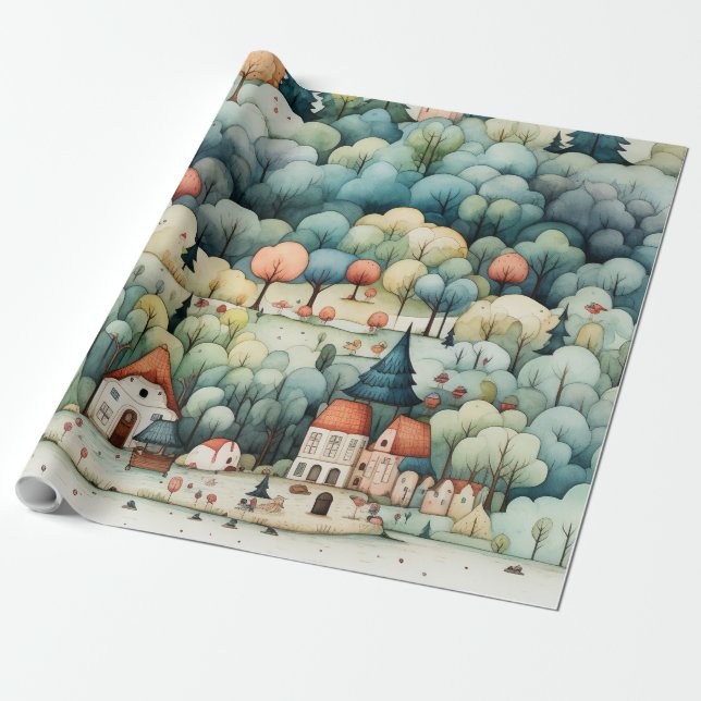 Papier Cadeau Fairytale à Fairyland Village Green et Orange (Déroulé)