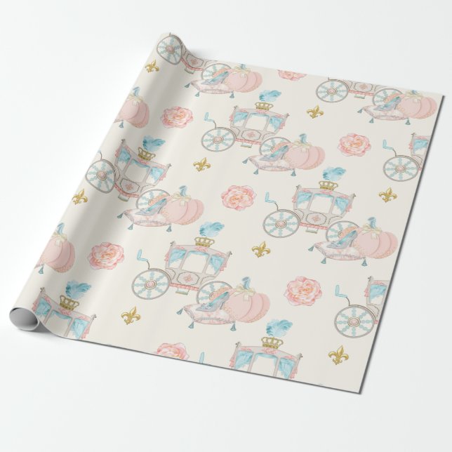 Papier Cadeau Fairytale Carriage Royal Fleur Gold Blush Ivory (Déroulé)