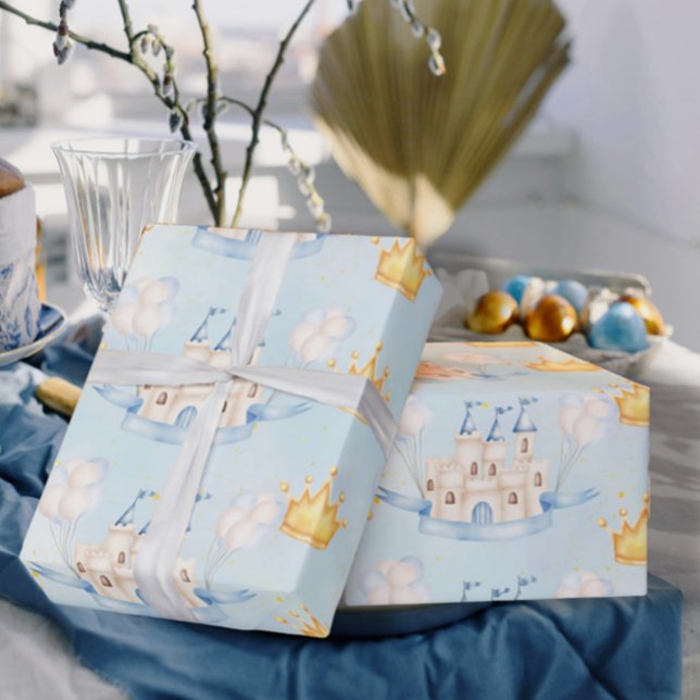 Papier Cadeau Fairytale château magique or couronne bleu ballons (Créateur téléchargé)