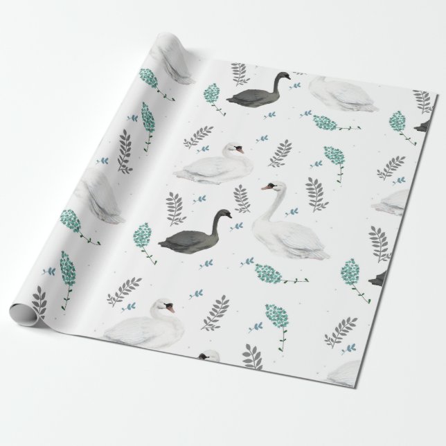 Papier Cadeau Fairytale Swan Illustration Folk Botanical (Déroulé)