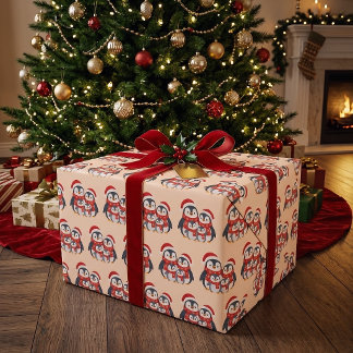 Papier Cadeau Famille de manchots adorables de Noël en hiver