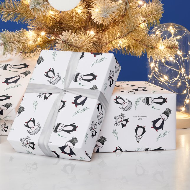 Papier Cadeau Famille de Pingouins Noir Blanc Rouge Noël (Vacances)