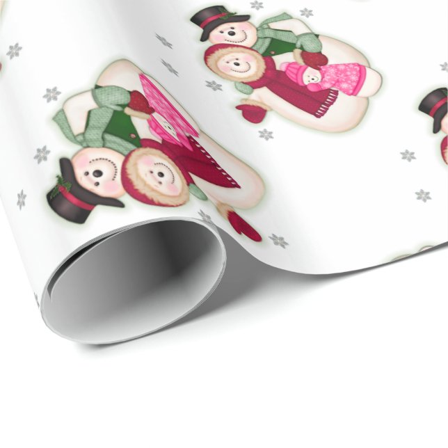 Papier Cadeau Famille de Snowman givré - rose (Coin rond)
