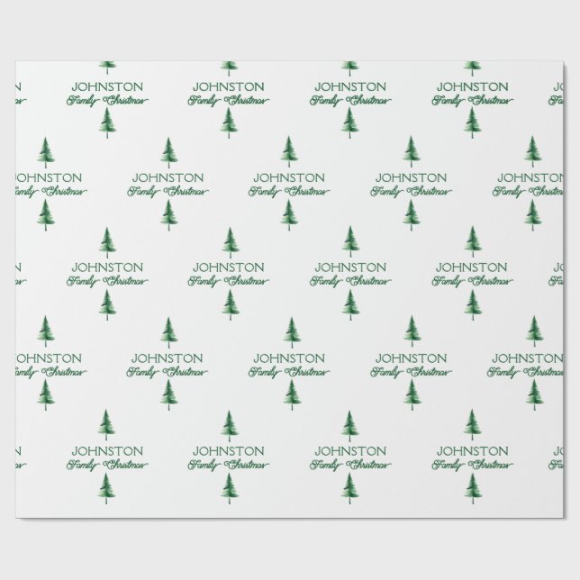 Papier Cadeau Famille Noël Vert Aquarelle Pine Tree (Plat)