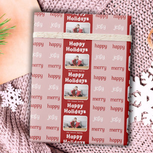 Papier Cadeau Famille rose rouge moderne photo Noël heureux