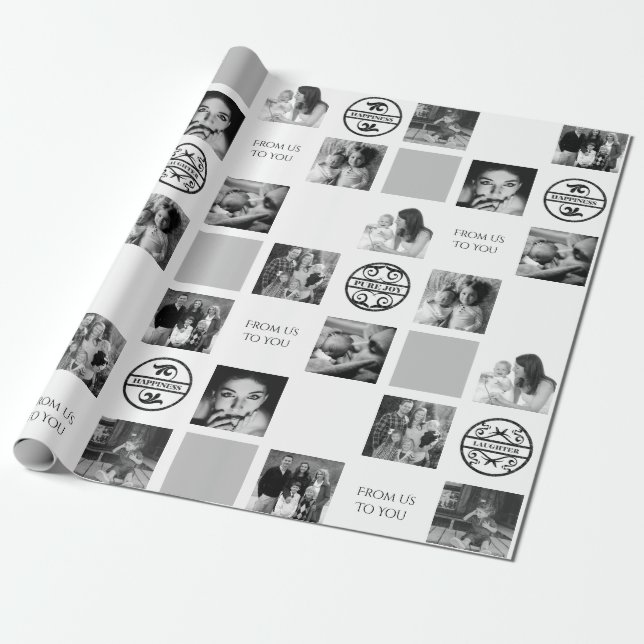 Papier Cadeau Famille Six Photo Personnalisée Noir et Blanc (Déroulé)