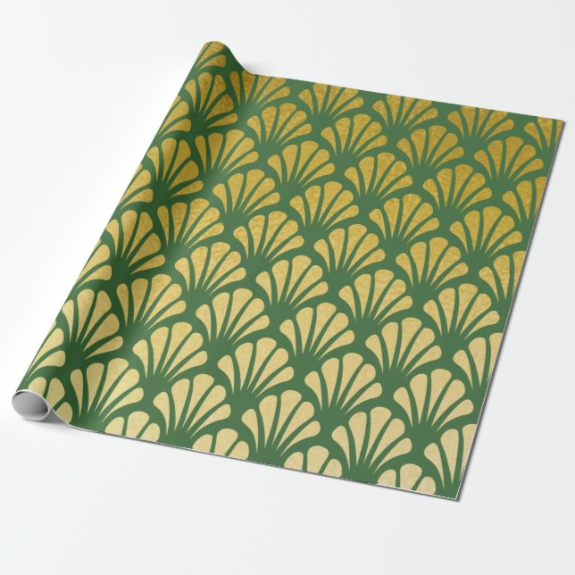 Papier Cadeau Fan Motif Art Déco Chic Emerald & Faux Gold Foil (Déroulé)