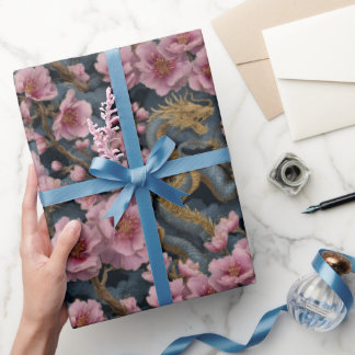 Papier Cadeau Fantaisie de dragon élégant et de fleur de cerisie