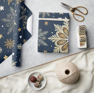 Papier Cadeau Fantaisiste Moderne Flocons de Neige et Cœurs en O