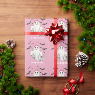 Papier Cadeau Fantôme de fille rose avec chauves-souris volant