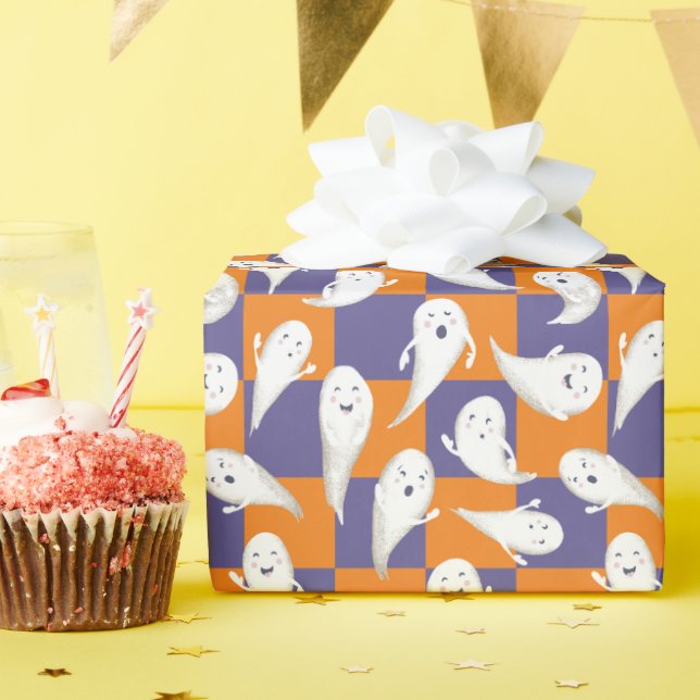 Papier Cadeau Fantômes en damier violet et orange Halloween (Fête d'anniversaire)