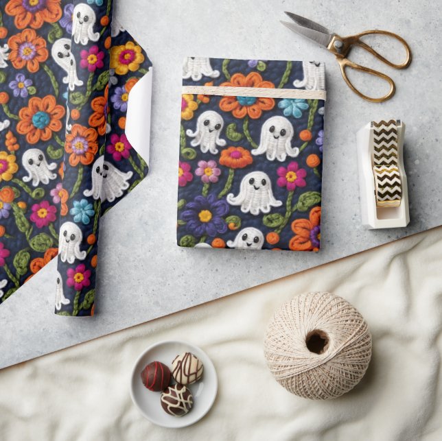 Papier Cadeau Fantômes et fleurs de style Crochet Halloween (Artisanat)