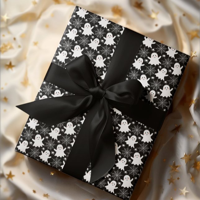 Papier Cadeau Fantômes mignons | Araignées | Spider Webs Hallowe (Cute Ghosts, Spiders and Spider Webs Halloween Black and White Patterned Wrapping Paper)