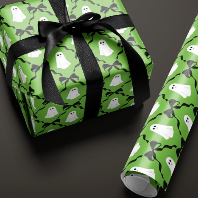 Papier Cadeau Fantômes mignons et vaches noires sur l'Halloween  (green Halloween gift wrapping paper with a cute smiling ghost and black bow diamonds)